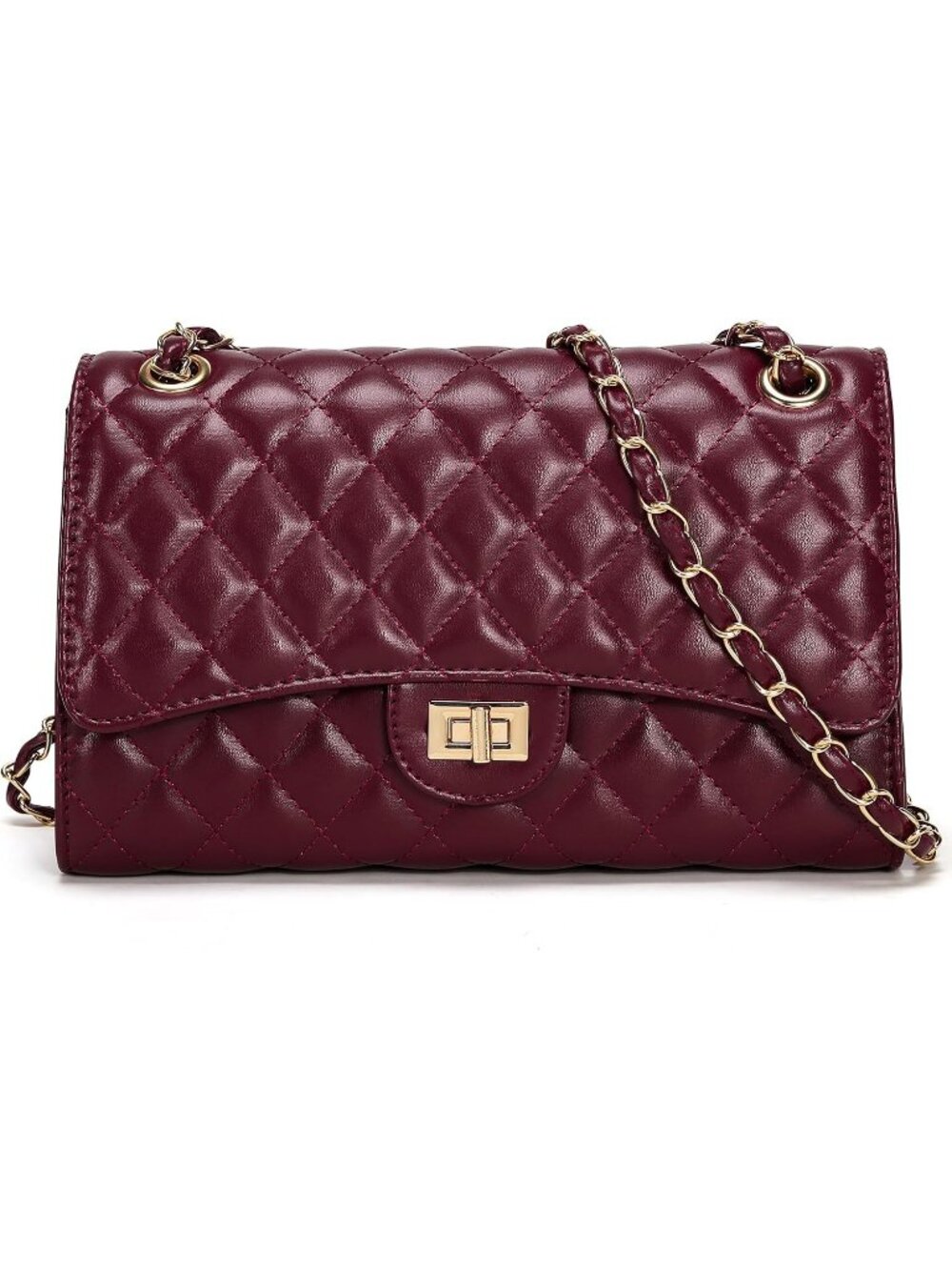 Women's Wine Red Quilted Pu Leather Chain Strap Crossbody Shoulder Bag